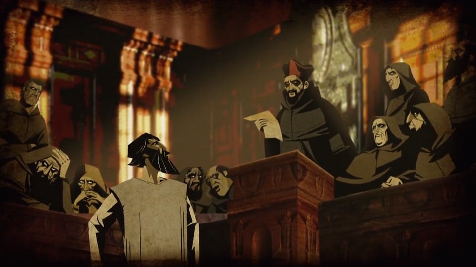Bruno before a committee of orc-like church officials, from “Cosmos”. The guy in the red hat is probably supposed to be St. Robert Bellarmine.