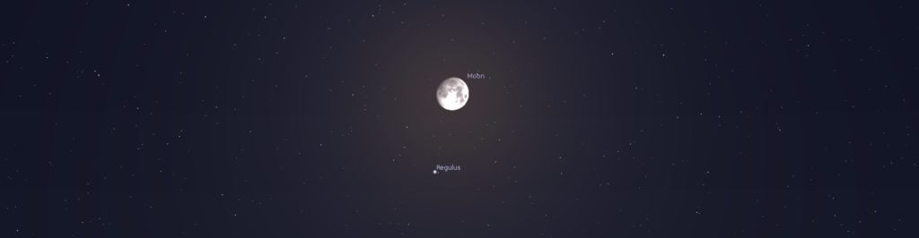 The moon near the star Regulus in Leo, as shown by the Stellarium planetarium app. Regulus here appears roughly 1/10 the diameter of the moon—the approximate size Ptolemy and others measured it to be.